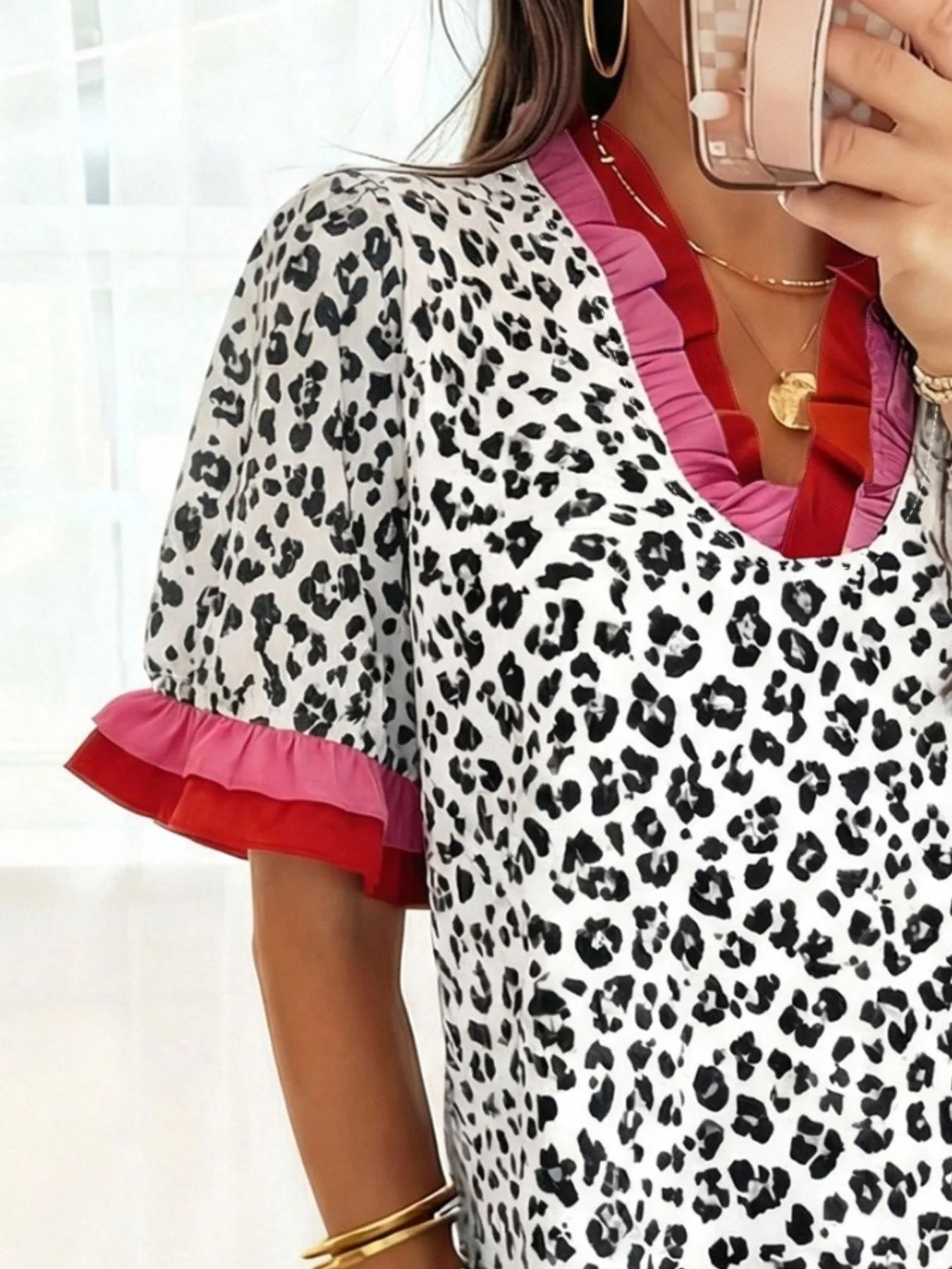 Leopard Print Frill Short Sleeve Blouse - Image 6