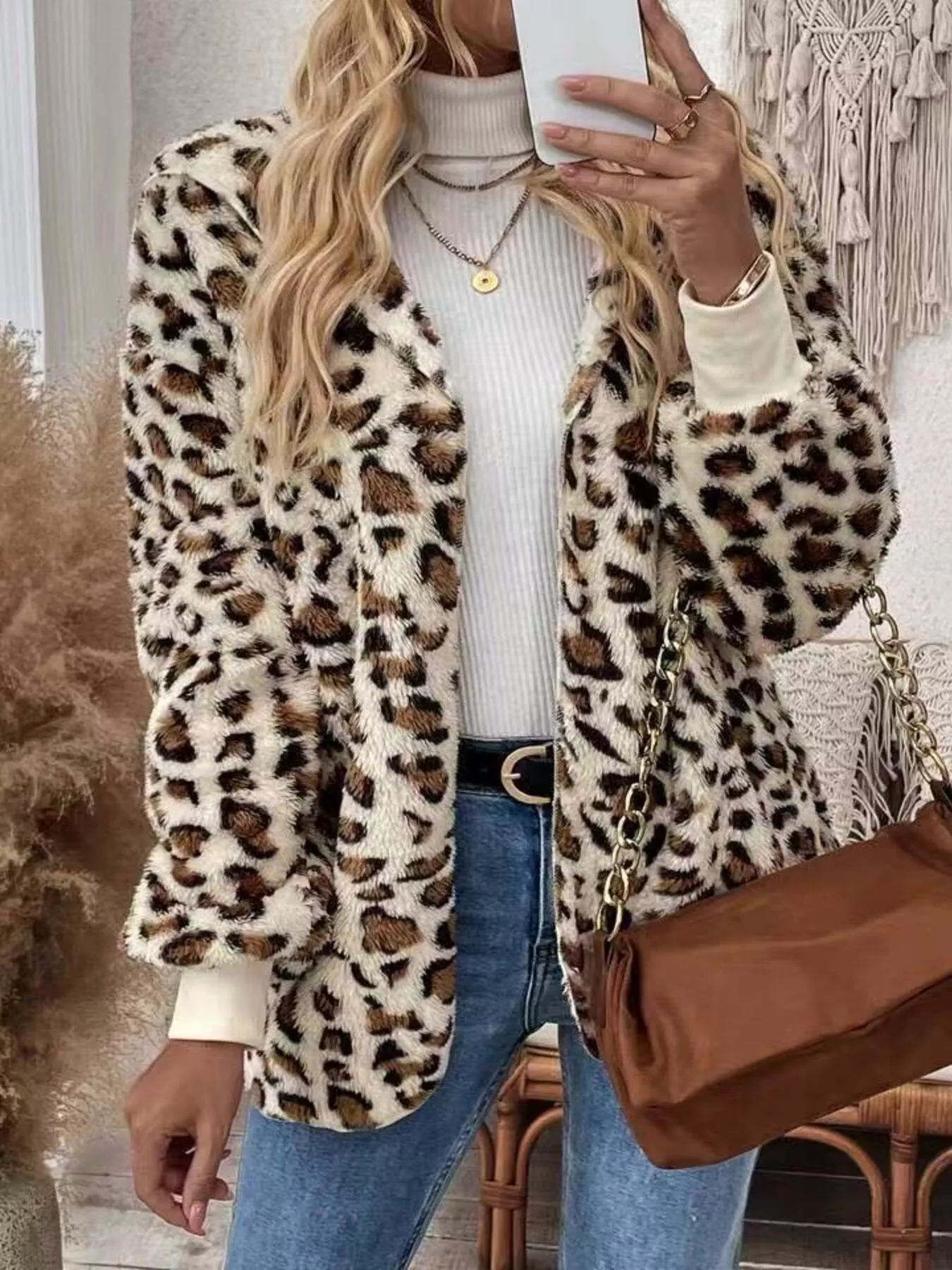 Leopard Print Fuzzy Zip Up Outerwear - Image 3