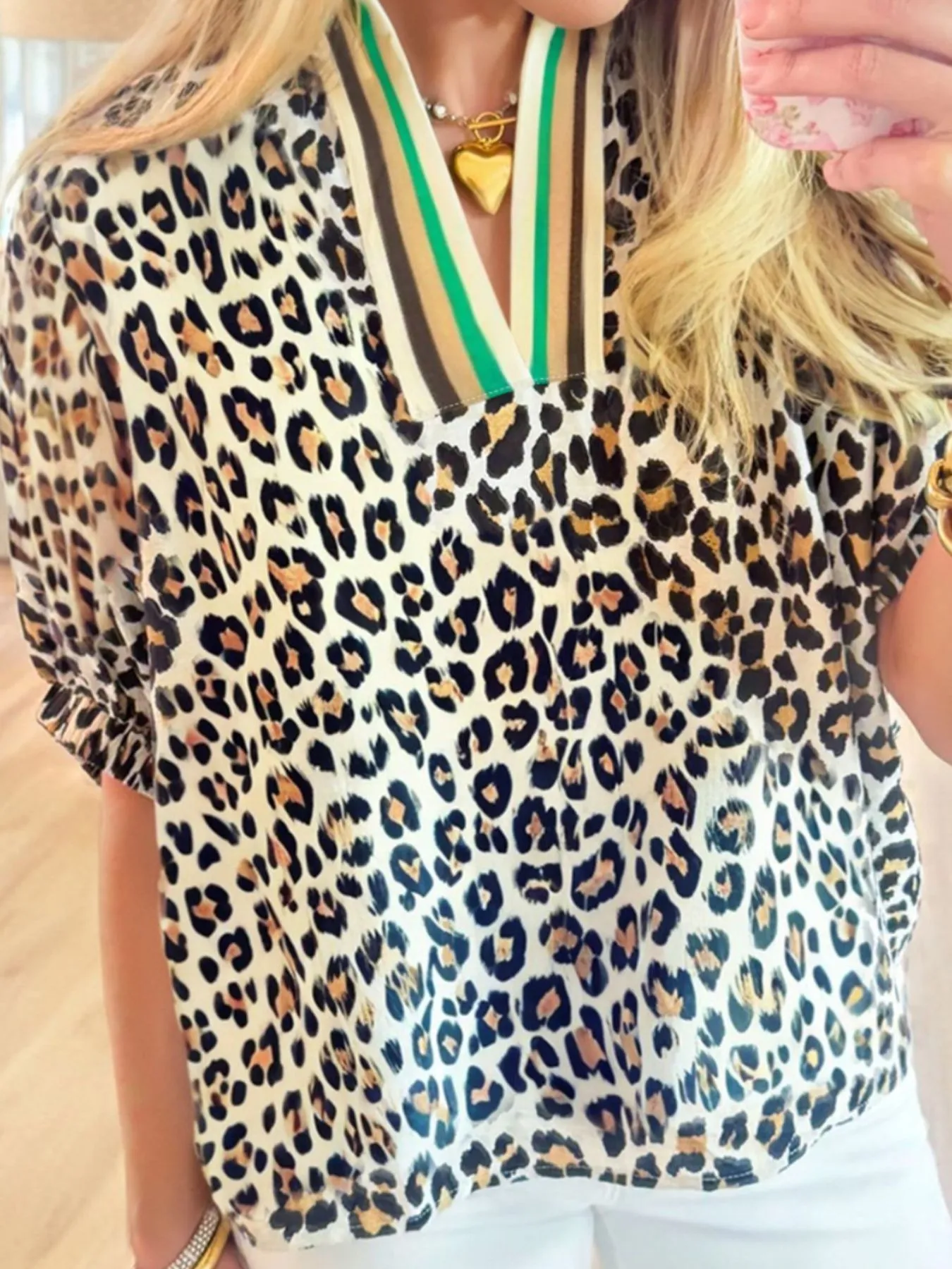 Leopard Print Notched Blouse with Striped Trim - Image 3