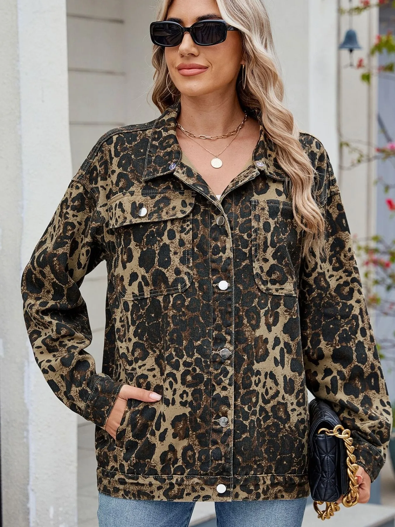 Leopard Print Oversized Denim Jacket - Image 5