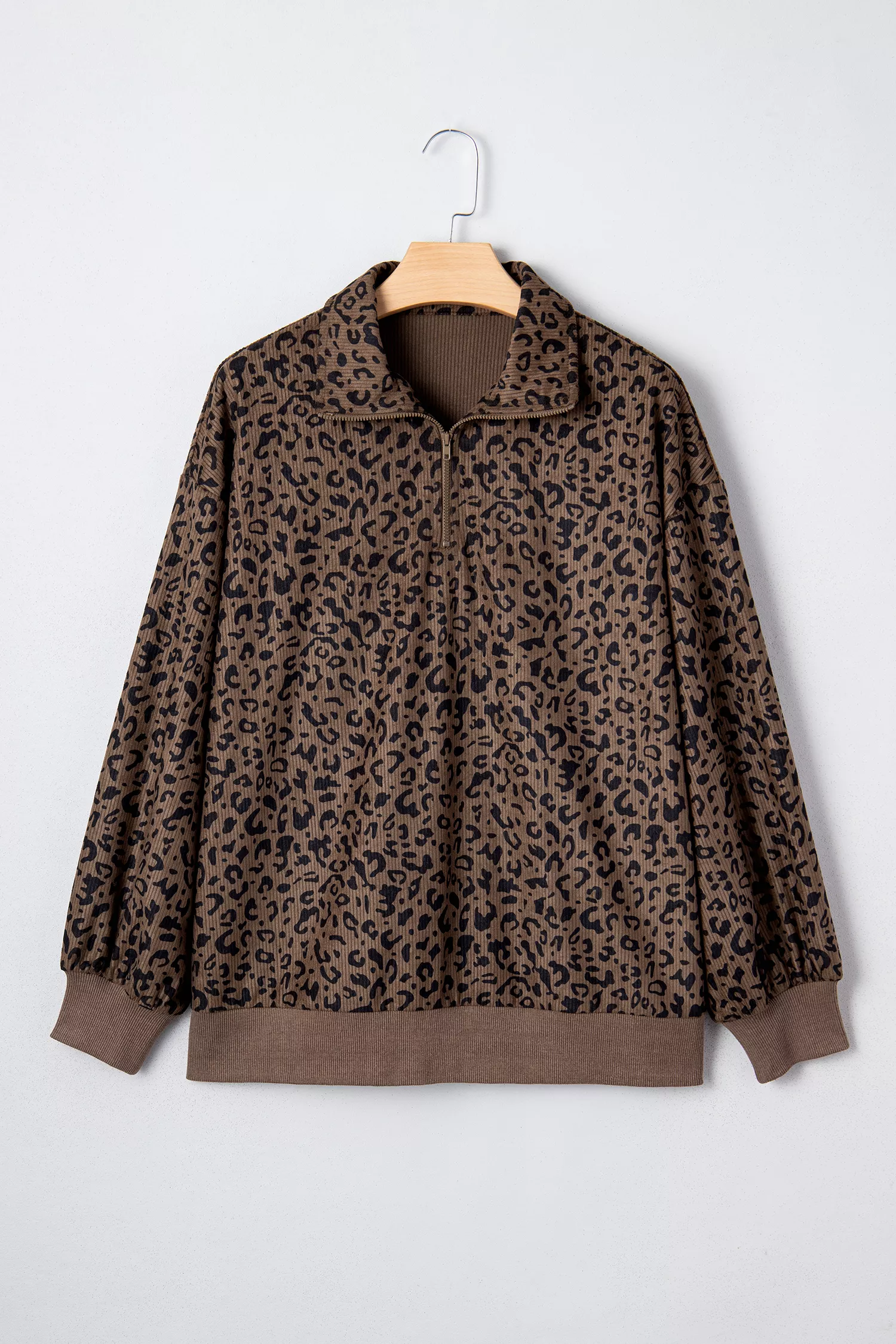 Leopard Print Quarter Zip Corduroy Sweatshirt - Image 3