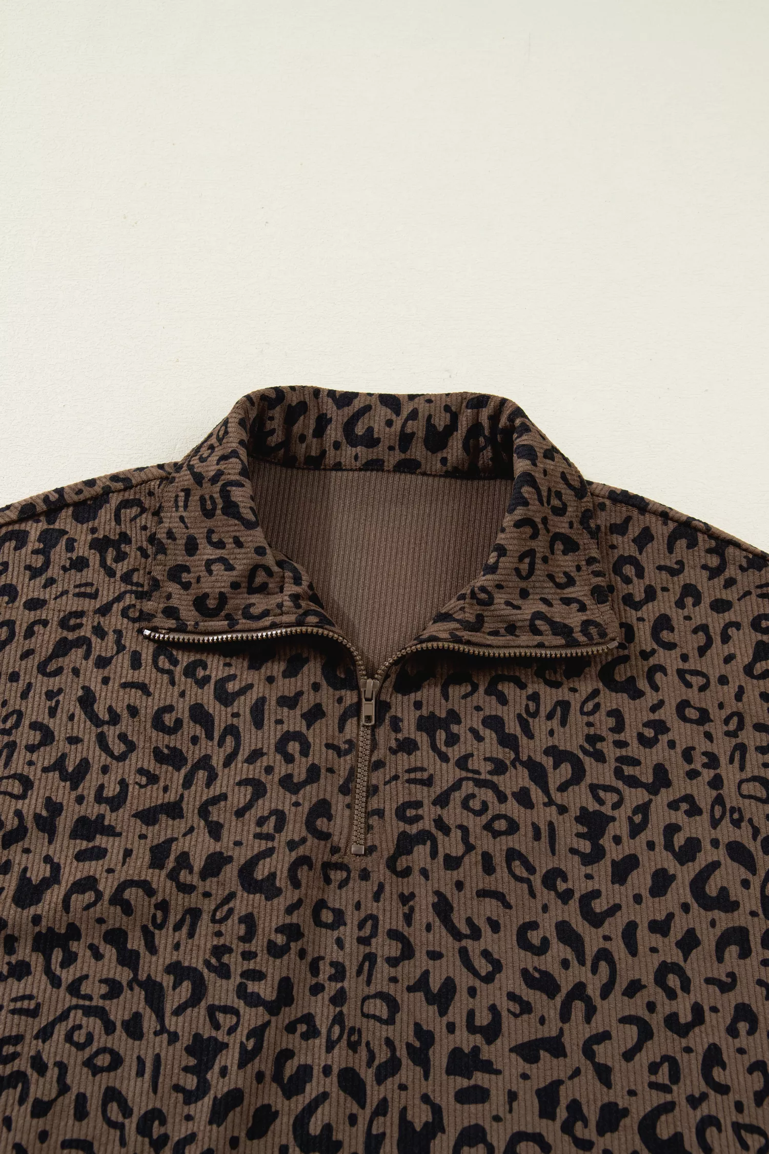 Leopard Print Quarter Zip Corduroy Sweatshirt - Image 5