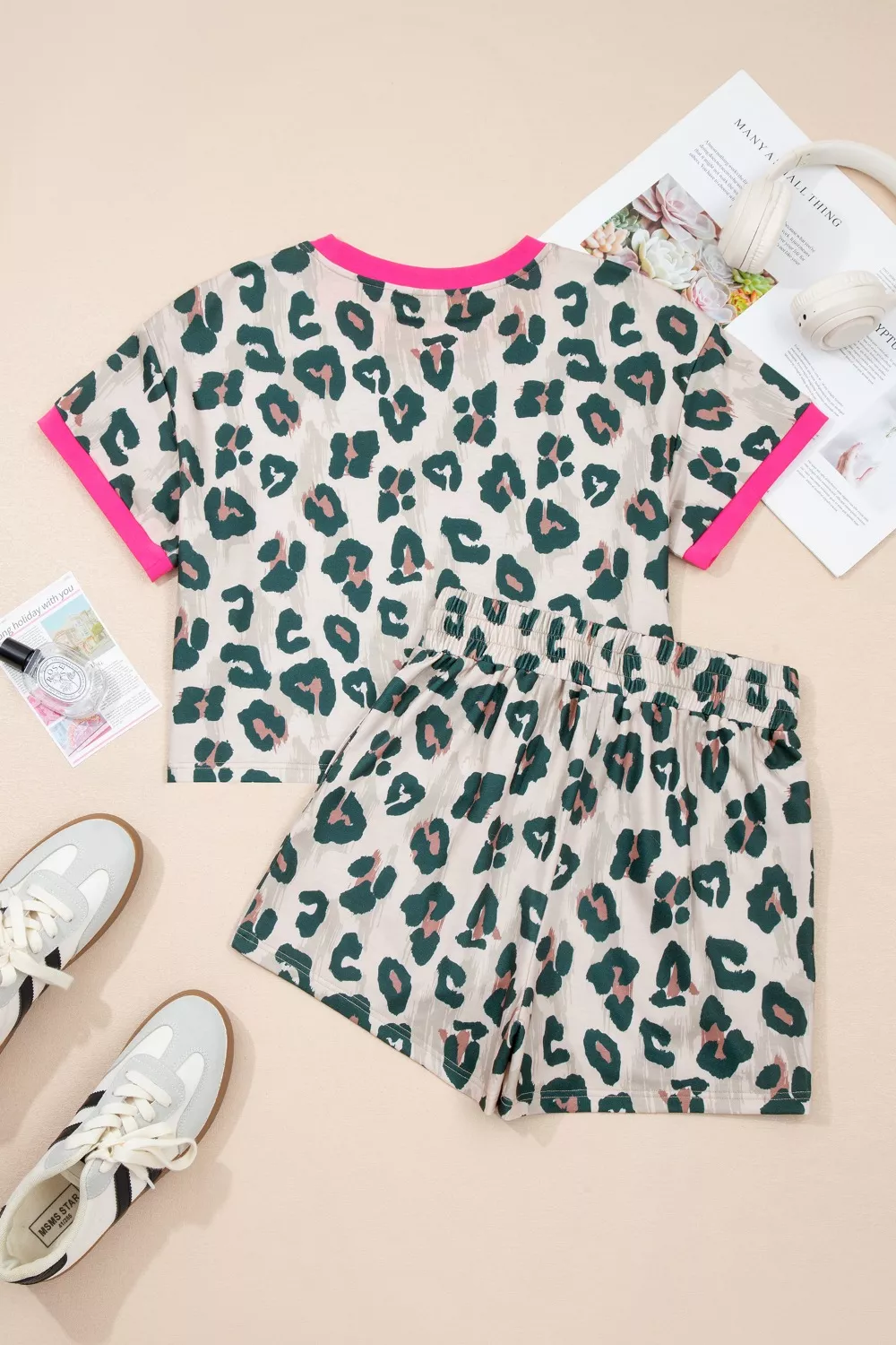 Leopard Print Short Sleeve Top and Shorts Set - Image 3