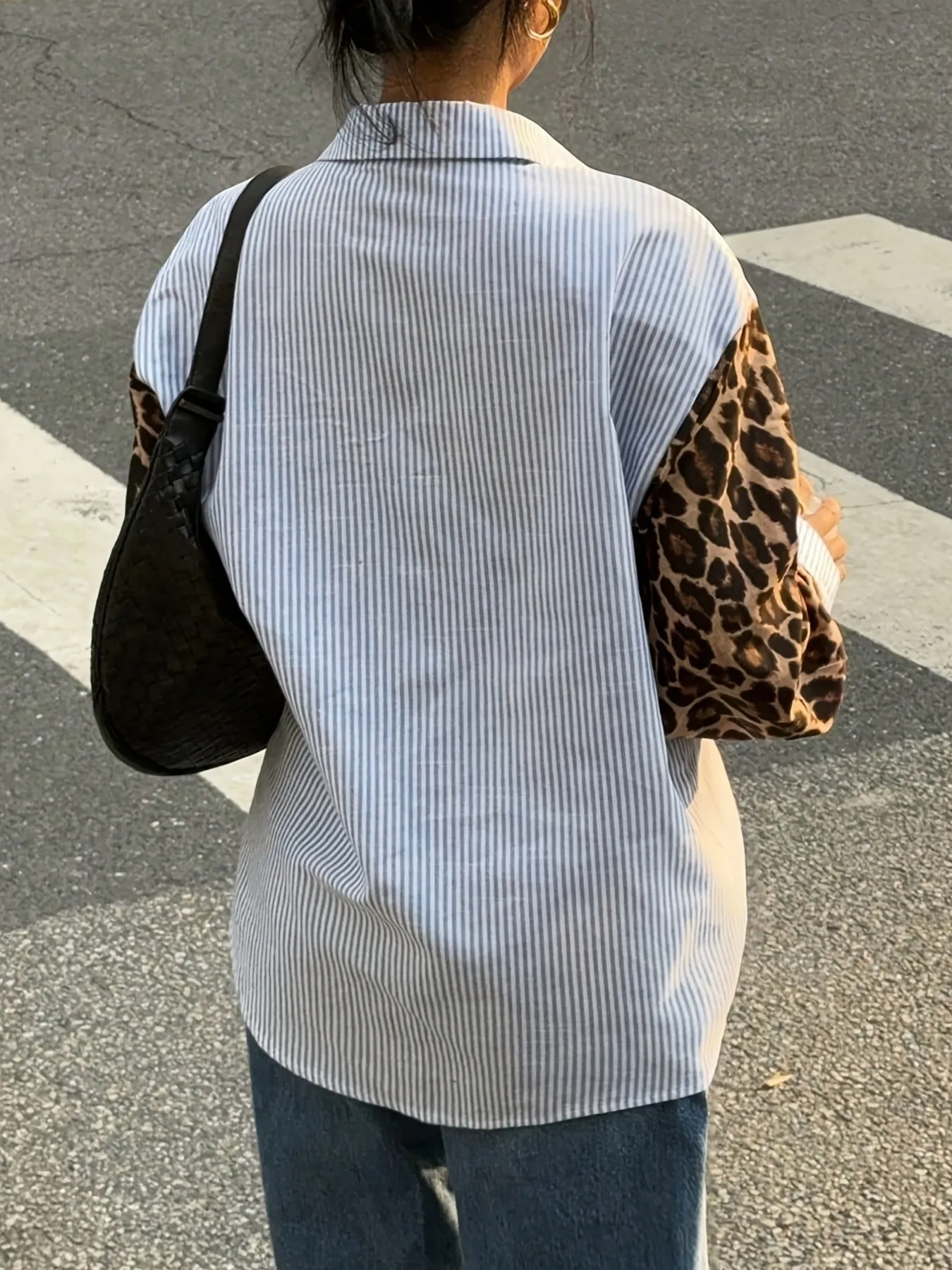 Leopard Print Sleeve Striped Button-Down Shirt - Image 4