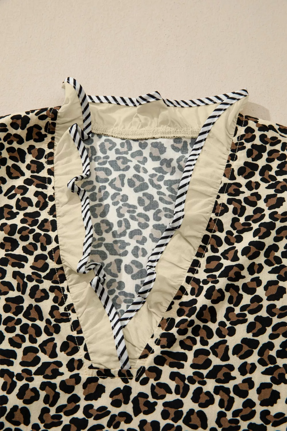 Leopard Print Striped Color Block Trim V Neck Bracelet Sleeve Mini Dress - Image 10