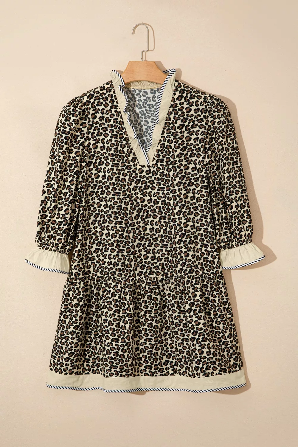 Leopard Print Striped Color Block Trim V Neck Bracelet Sleeve Mini Dress - Image 8