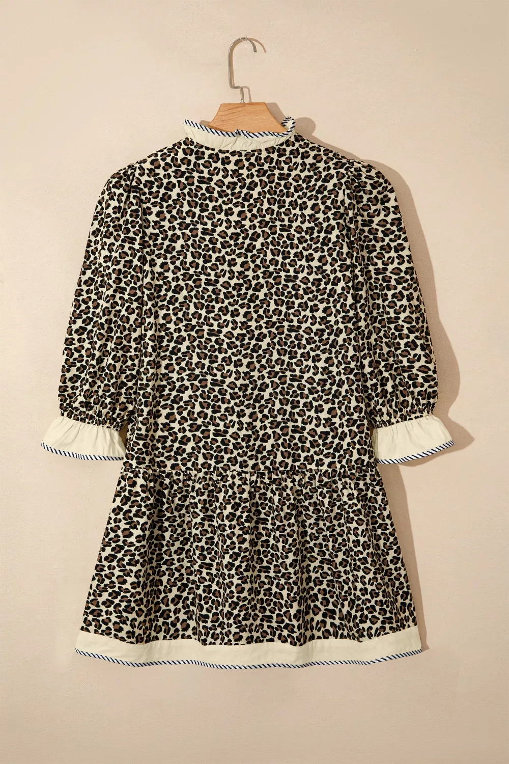 Leopard Print Striped Color Block Trim V Neck Bracelet Sleeve Mini Dress - Image 9