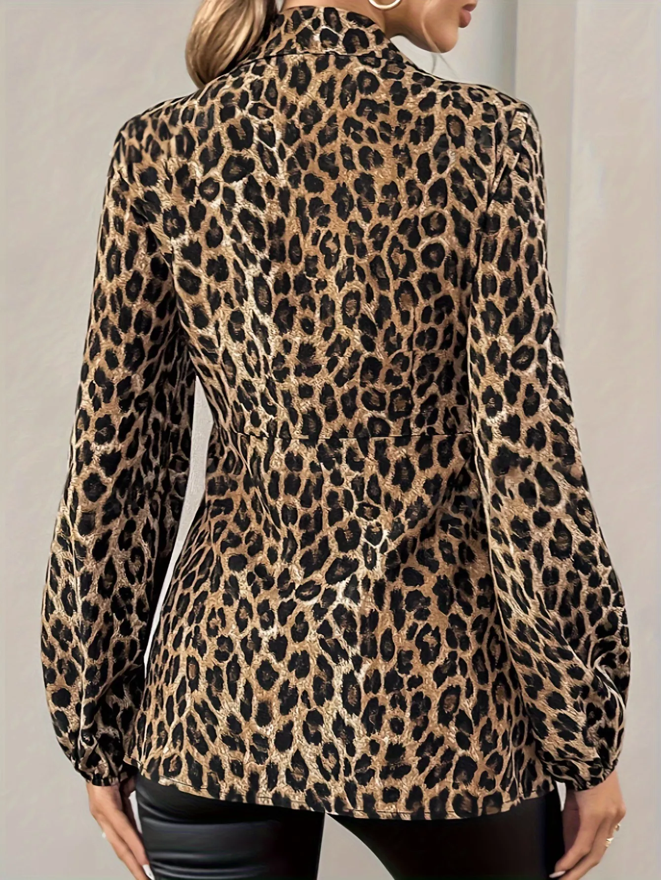 Leopard Print Tie Front Long Sleeve Blouse - Image 5