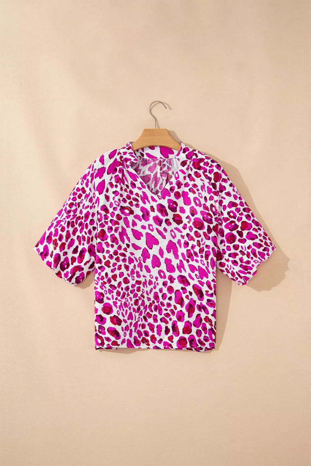 Leopard Print V Neck Puffy Half Sleeve Blouse - Image 4