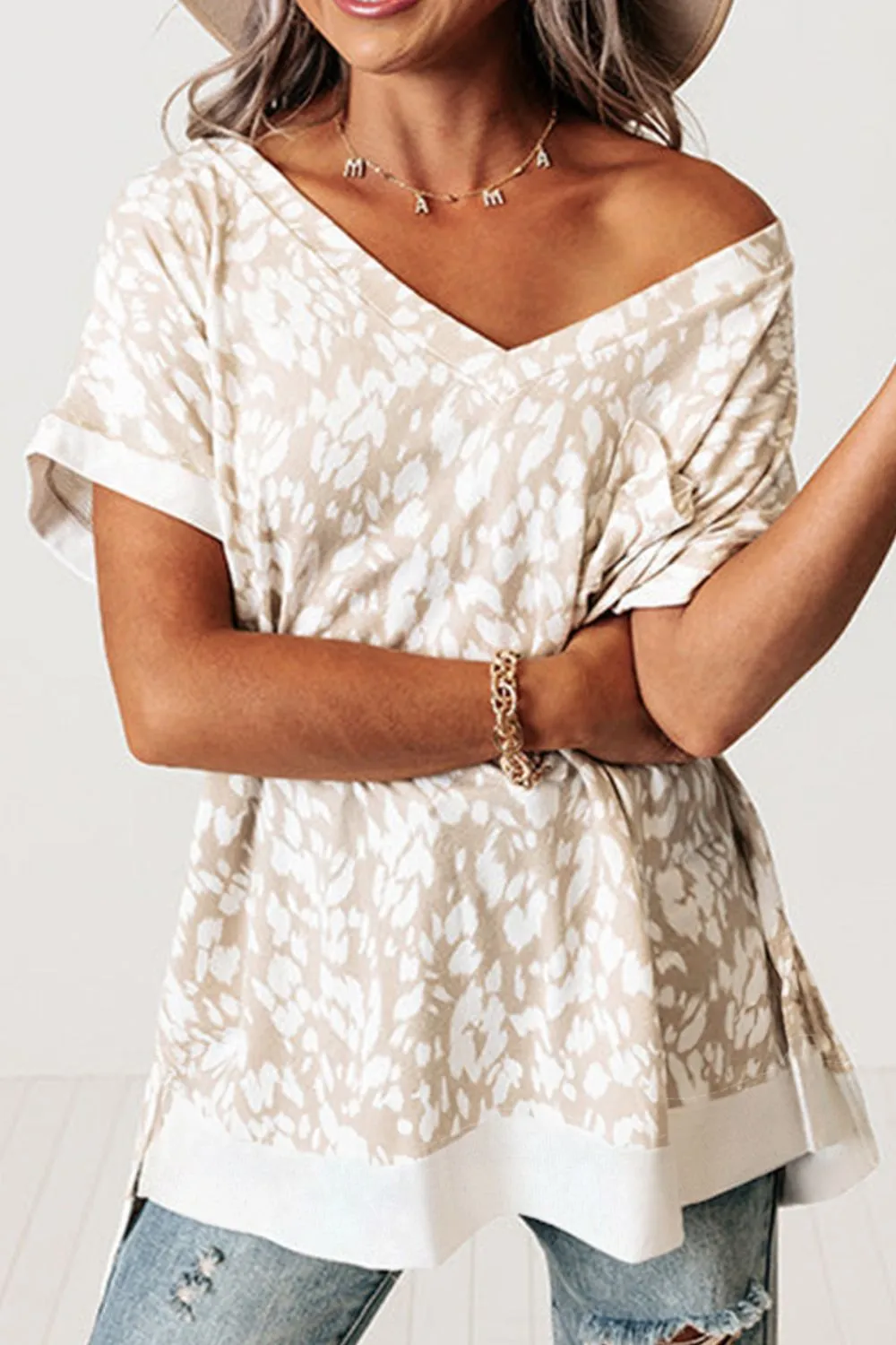 Leopard Print V Neck Side Slit Loose Fit T Shirt - Image 3