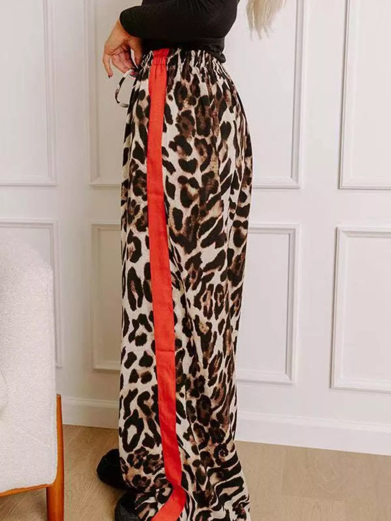 Leopard Print Wide Leg Pants with Side Stripe - Image 2