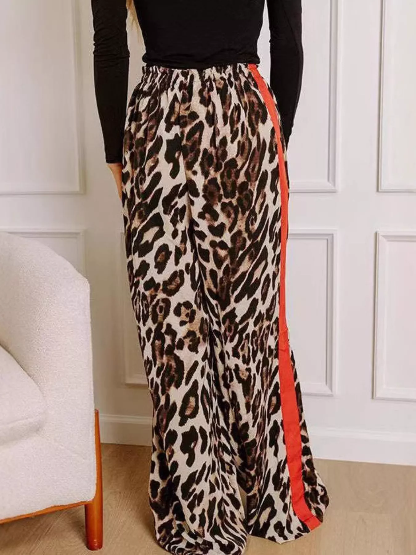 Leopard Print Wide Leg Pants with Side Stripe - Image 3
