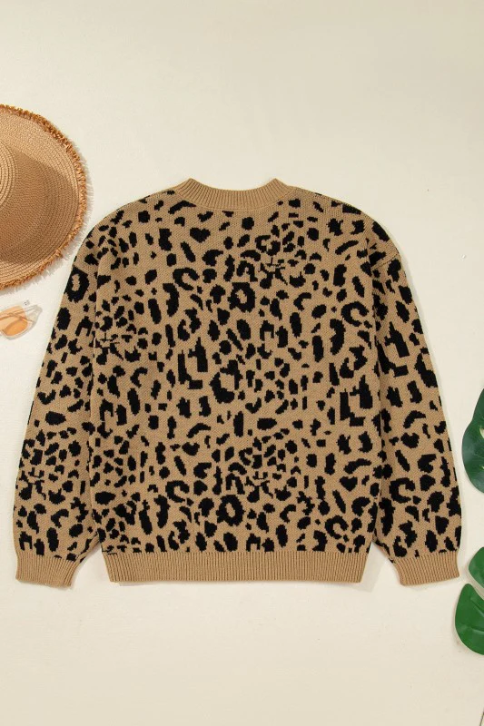 Leopard Ribbed Trim Crewneck Drop Shoulder Sweater - Image 3