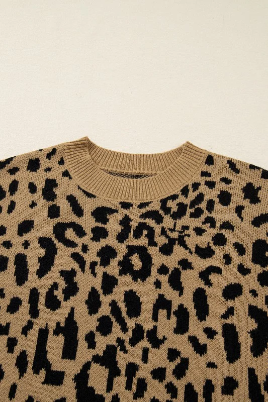 Leopard Ribbed Trim Crewneck Drop Shoulder Sweater - Image 4