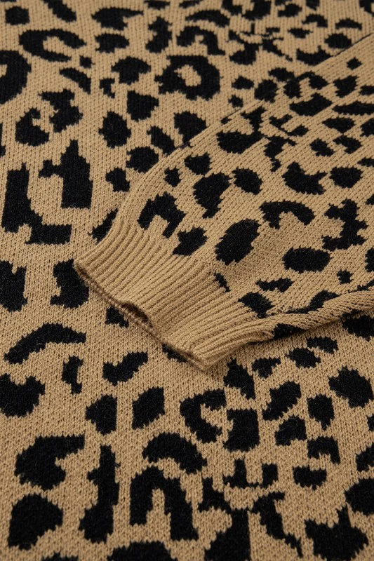 Leopard Ribbed Trim Crewneck Drop Shoulder Sweater - Image 5