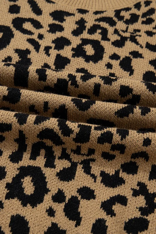 Leopard Ribbed Trim Crewneck Drop Shoulder Sweater - Image 7