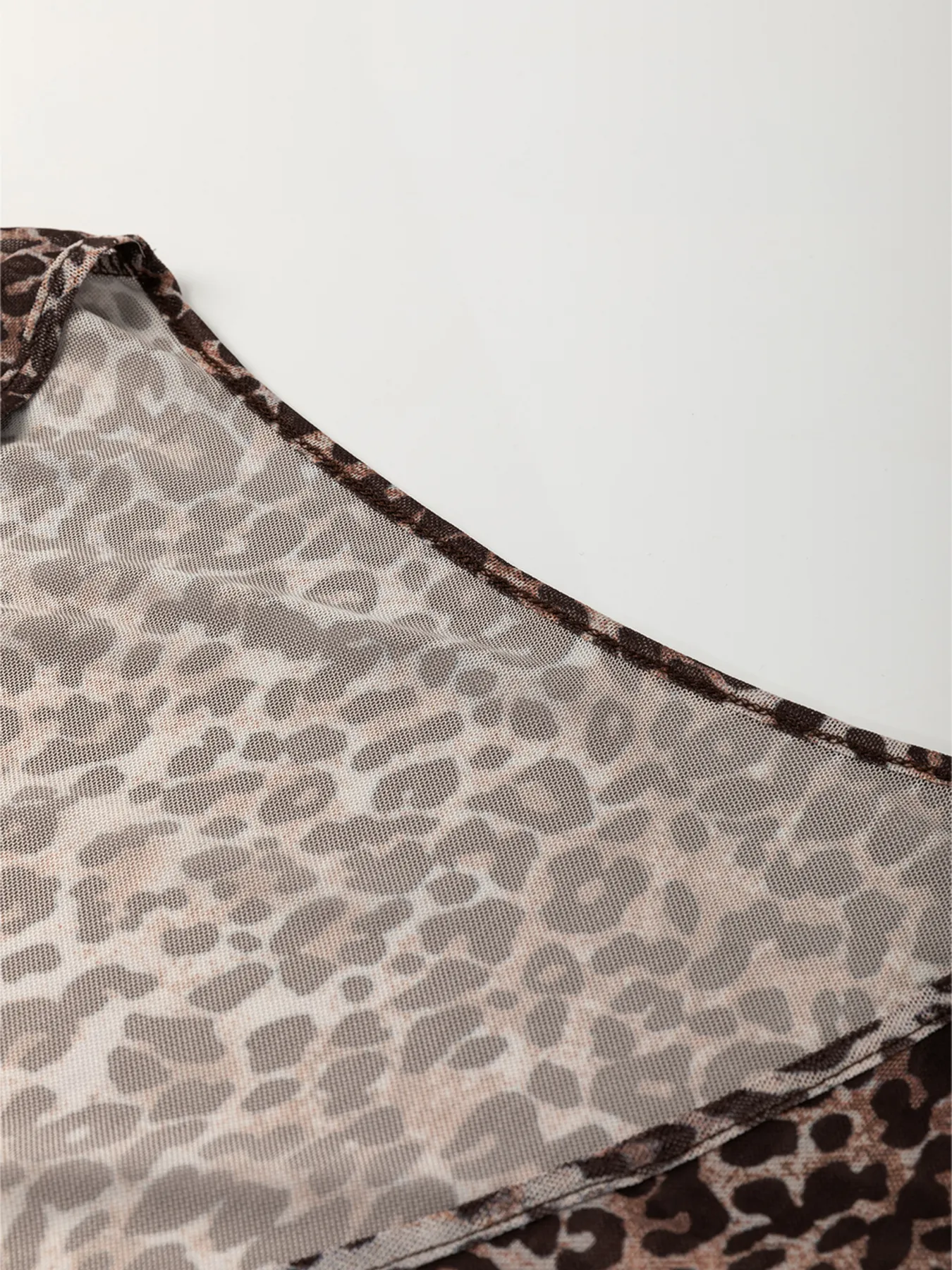 Leopard Sheer Mesh Long Sleeve V Neck Lace-Up Blouse - Image 11