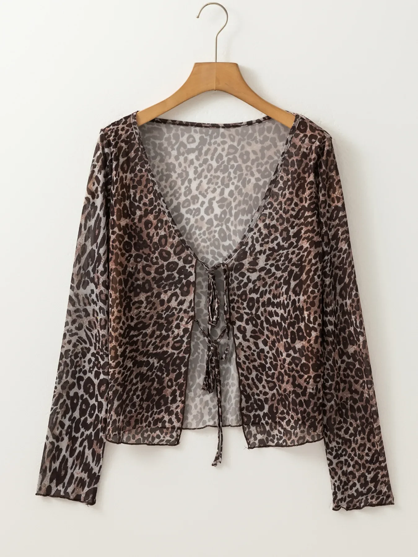 Leopard Sheer Mesh Long Sleeve V Neck Lace-Up Blouse - Image 8