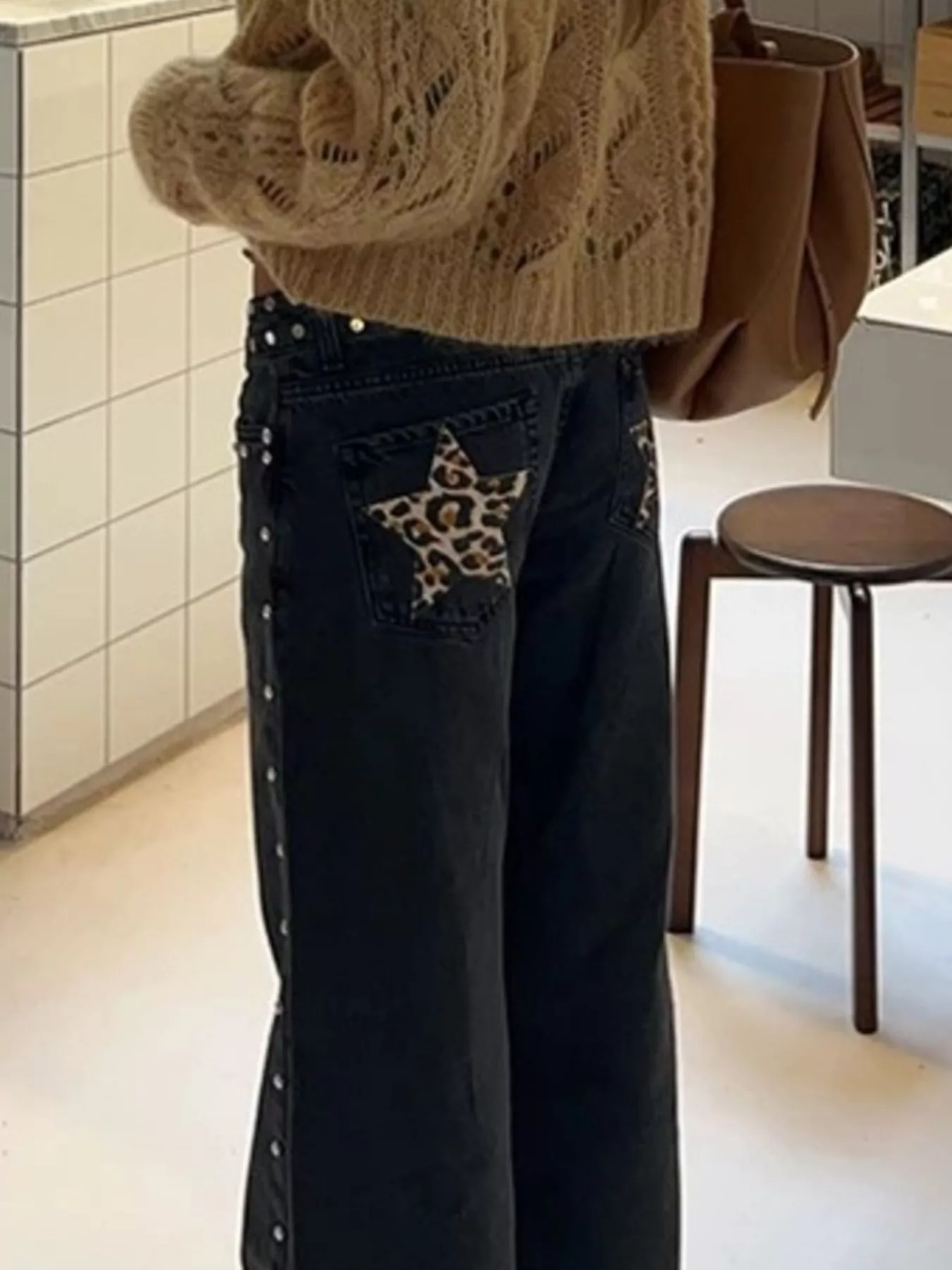 Leopard Star Patches Wide Leg Jeans - Image 4
