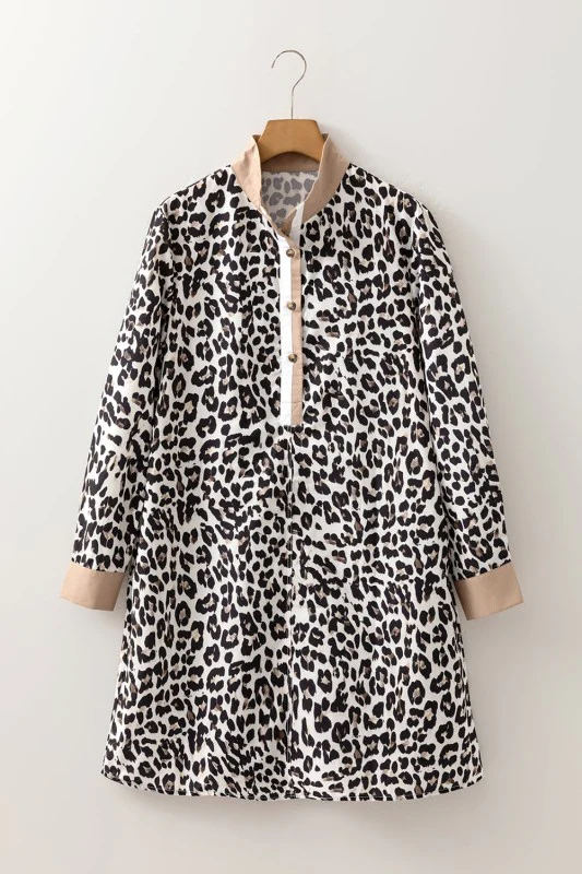 Leopard Stripe Collared Long Sleeve Flared Dress - Image 2