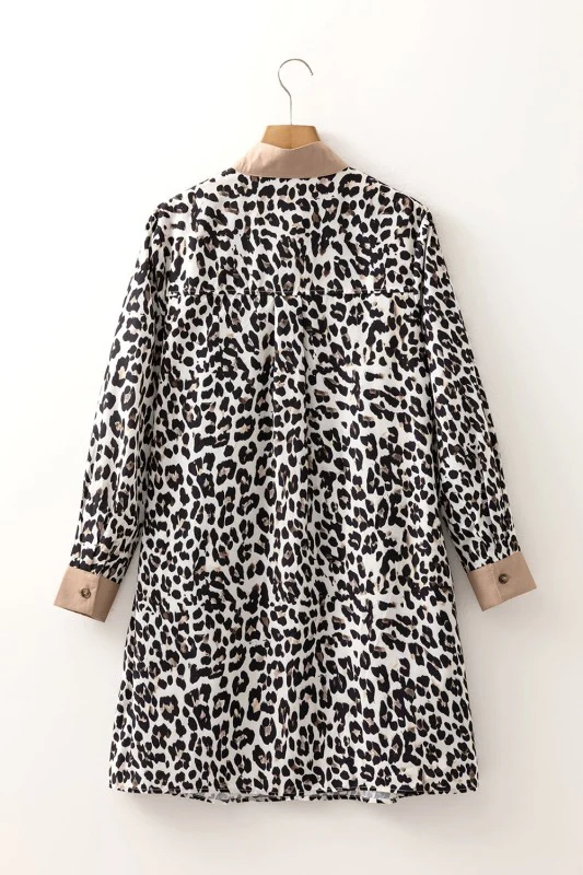 Leopard Stripe Collared Long Sleeve Flared Dress - Image 3
