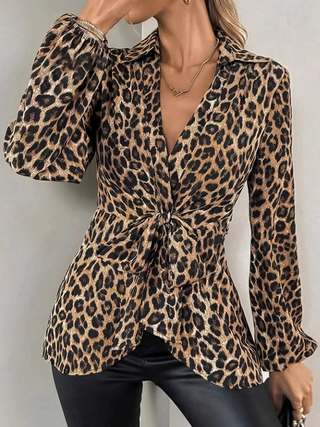 Leopard Tie Front Long Sleeve Blouse - Image 5