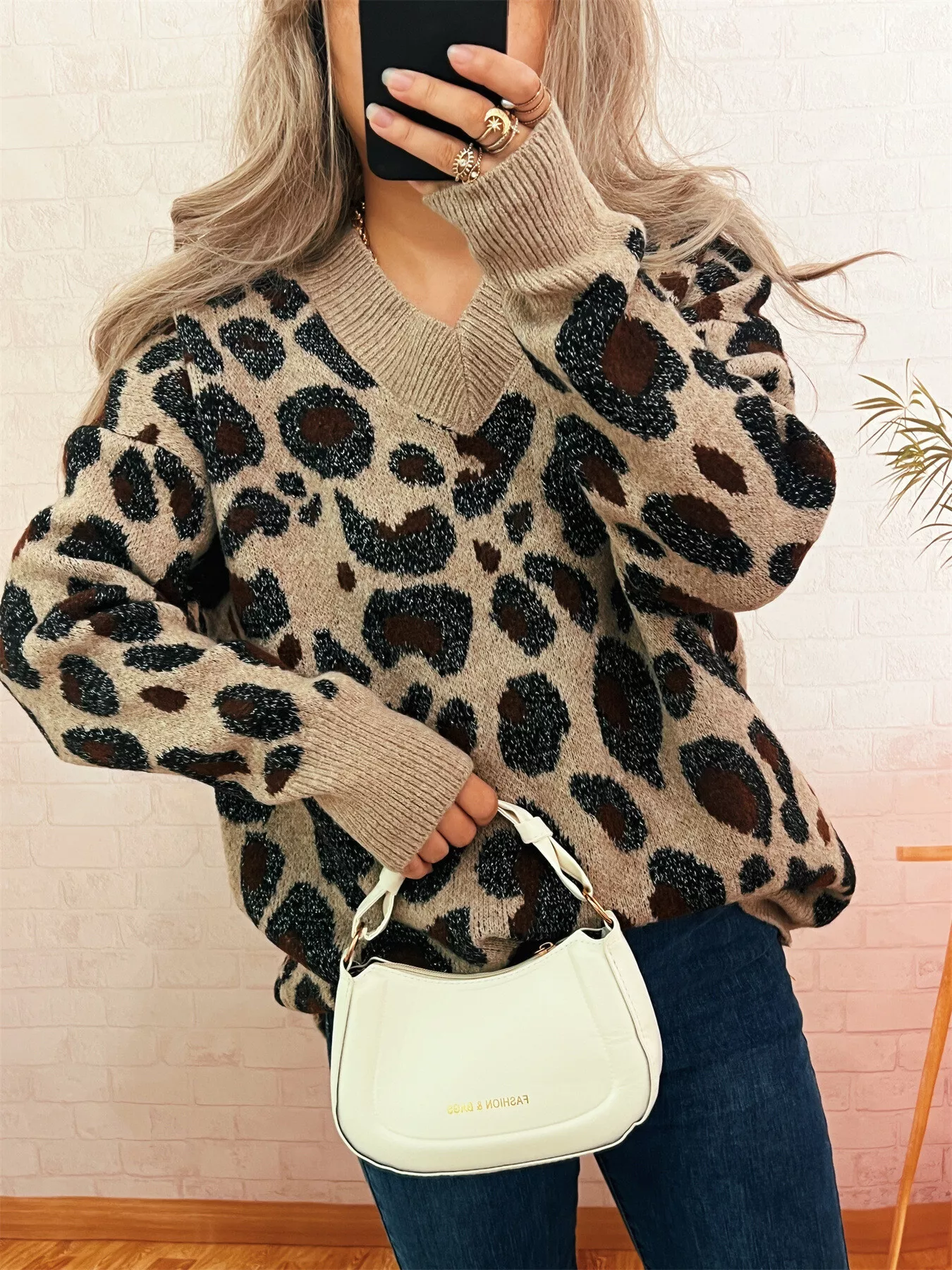 Leopard V-Neck Drop Shoulder Sweater - Image 3