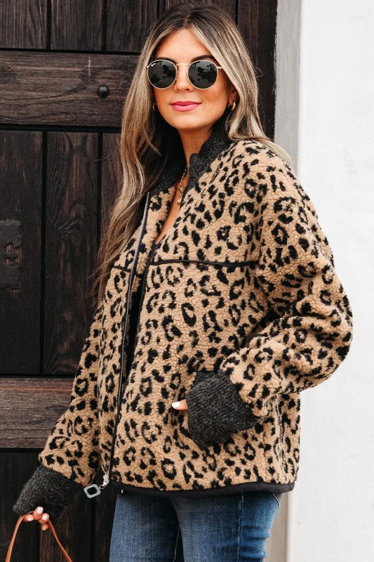 Leopard Zip-Up Stand Neck Side Pocket Jacket - Image 3