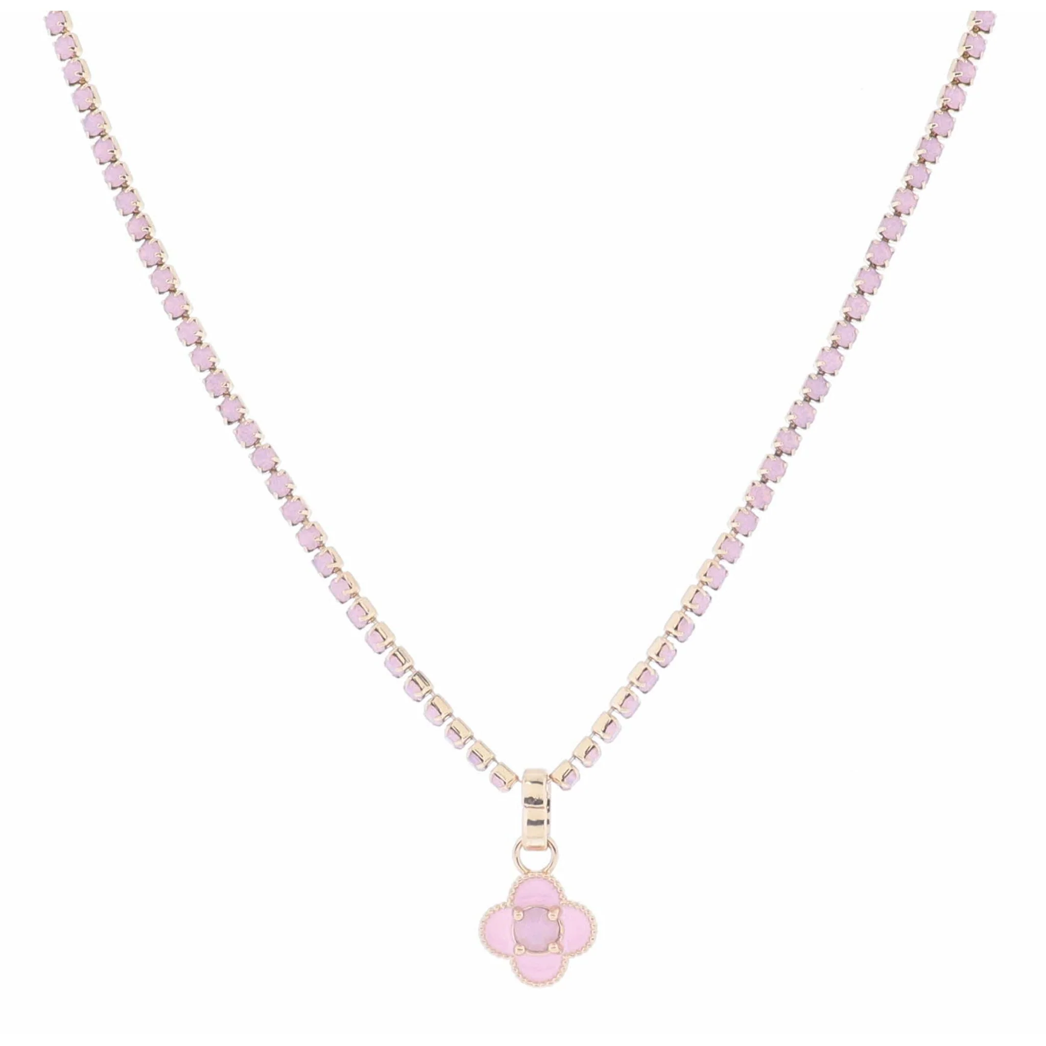 Light Pink Crystal Tennis and Pink Enamel Quatrefoil with Light Pink Crystal Necklace, 2.5" Ext