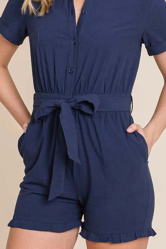 Lime 'N' Chili Collared Button Down Romper with Tie Belt - Image 7