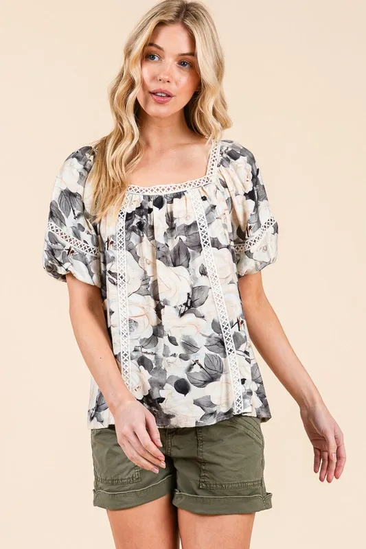Lime 'N' Chili Floral Print Lace Trim Puff Sleeve Blouse - Image 10