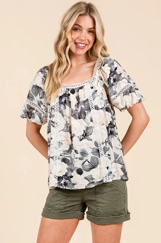 Lime 'N' Chili Floral Print Lace Trim Puff Sleeve Blouse - Image 11
