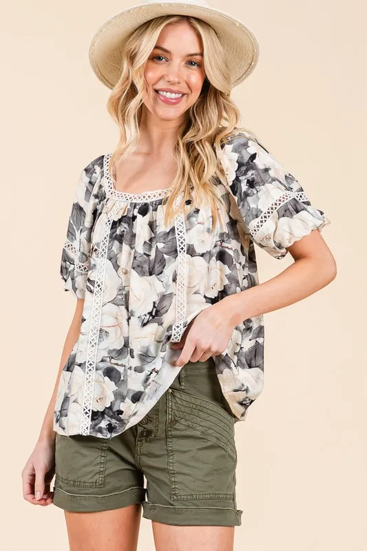 Lime 'N' Chili Floral Print Lace Trim Puff Sleeve Blouse - Image 5