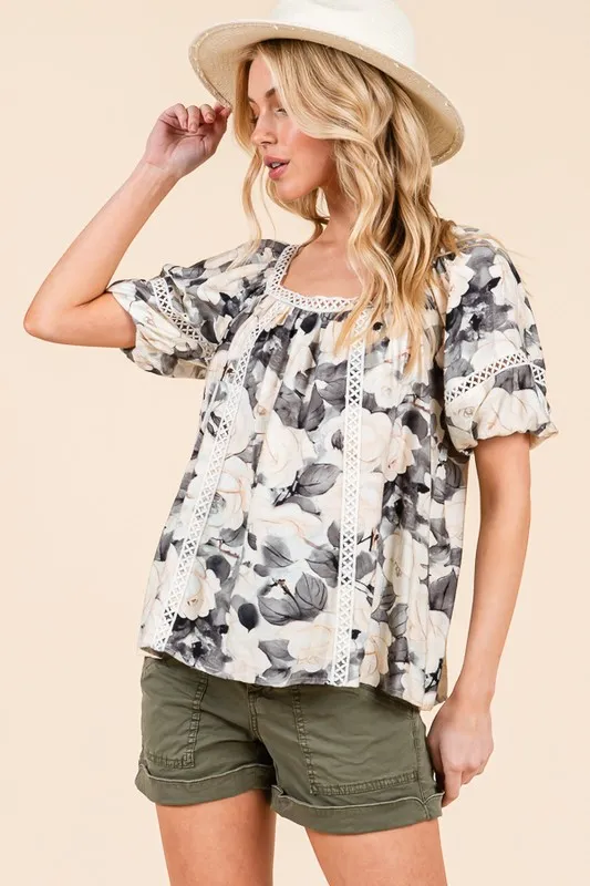 Lime 'N' Chili Floral Print Lace Trim Puff Sleeve Blouse - Image 7