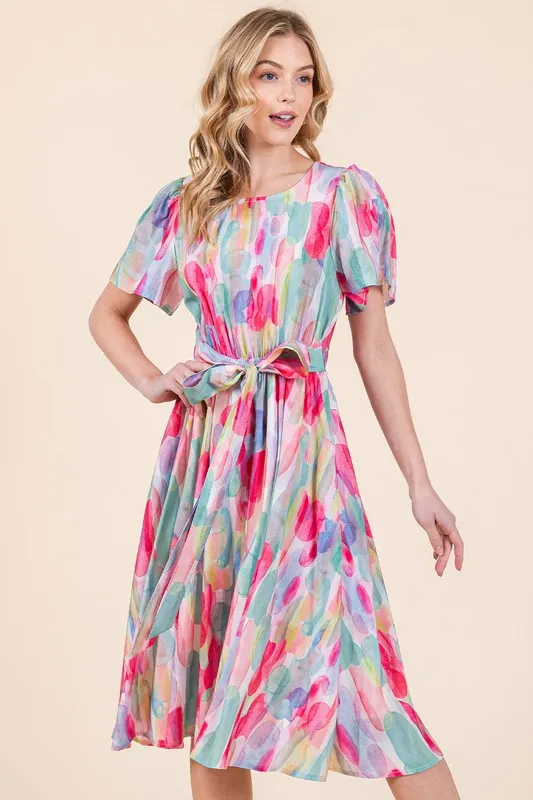 Lime 'N' Chili Watercolor Print Tie Front Midi Dress - Image 2