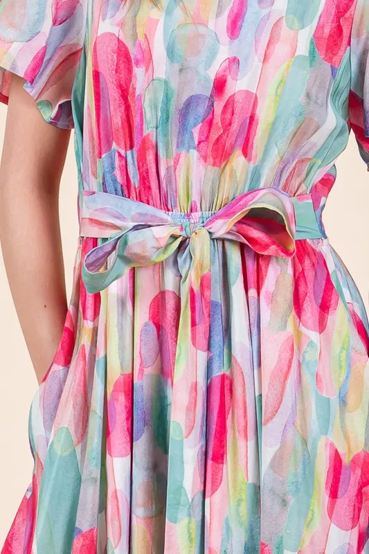 Lime 'N' Chili Watercolor Print Tie Front Midi Dress - Image 6