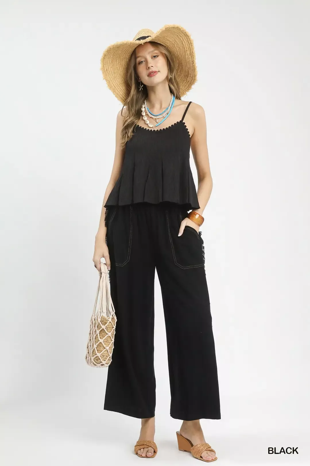 Linen Frayed Side Pocket Wide Leg Pants - Image 5