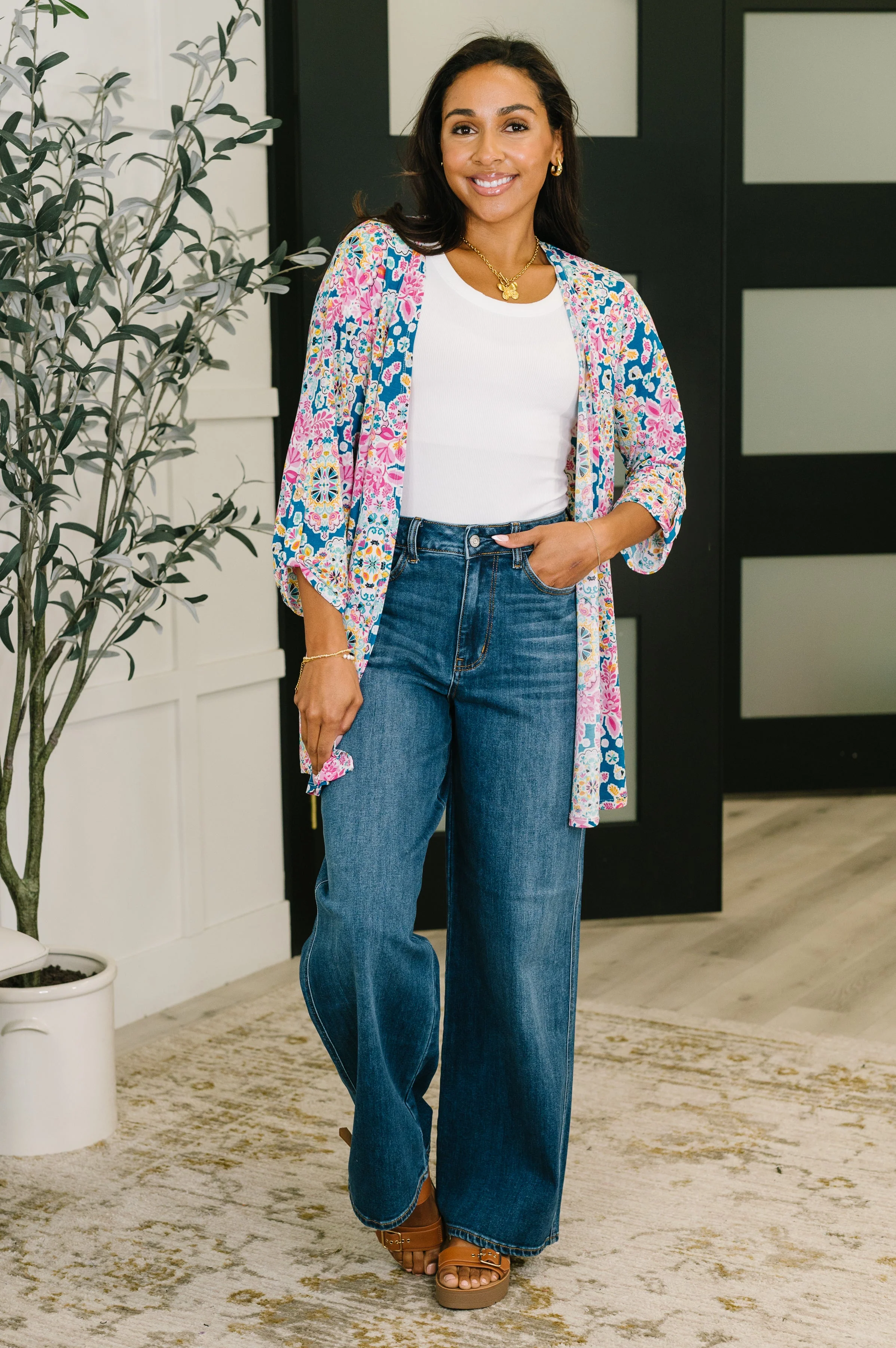 Lizzy Cardigan in Teal and Pink Floral Abstract - Image 3