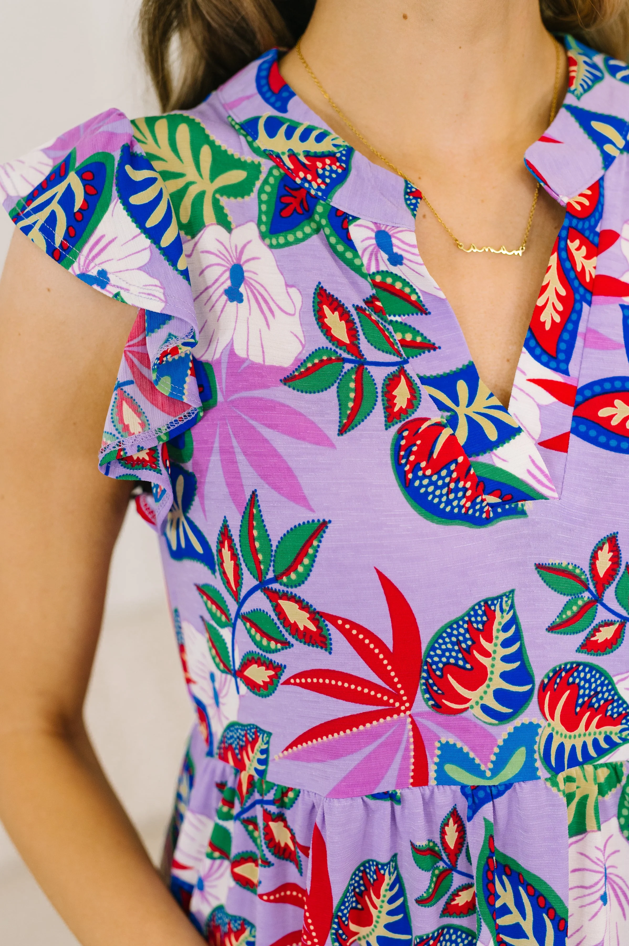 Lizzy Flutter Sleeve Dress in Multi Leaf - Image 2