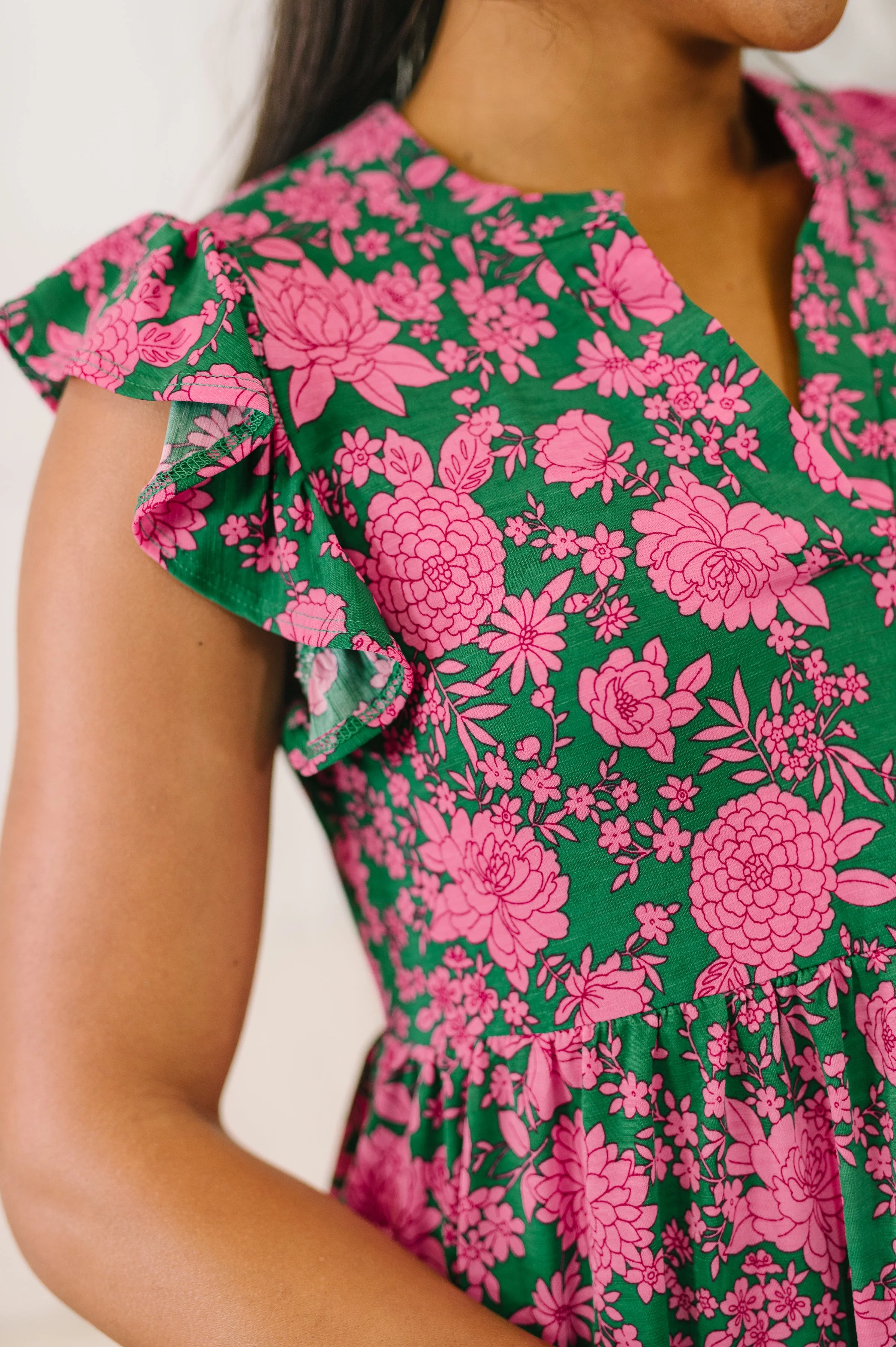 Lizzy Forever Flutter Sleeve Dress in Green and Pink Floral - Image 2