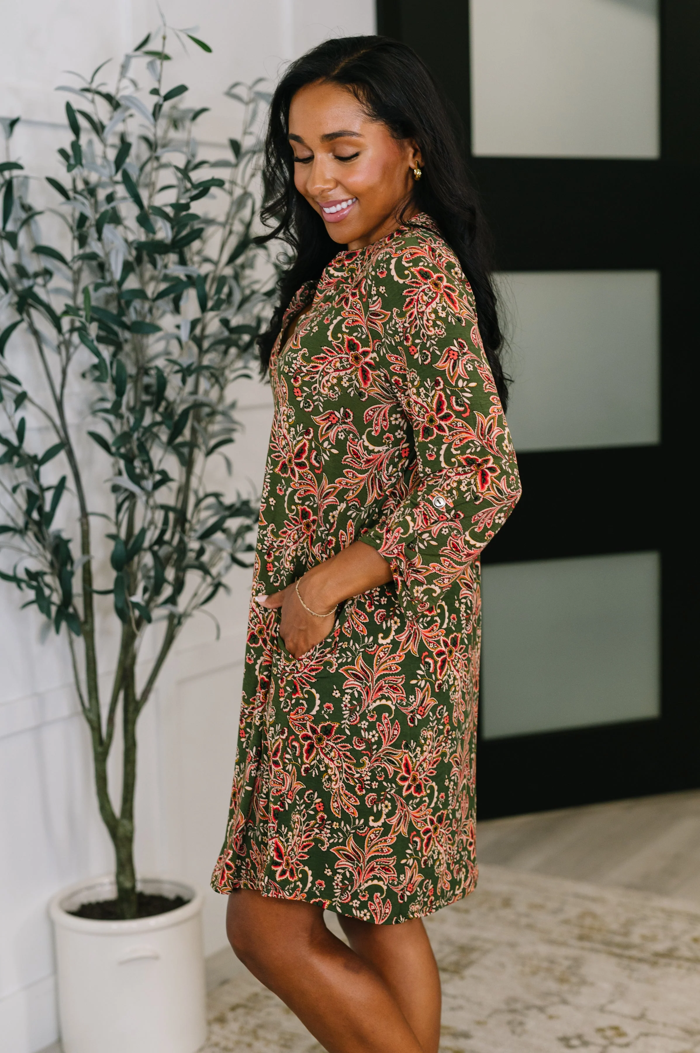 Lizzy Long Sleeve Dress in Olive Paisley - Image 4
