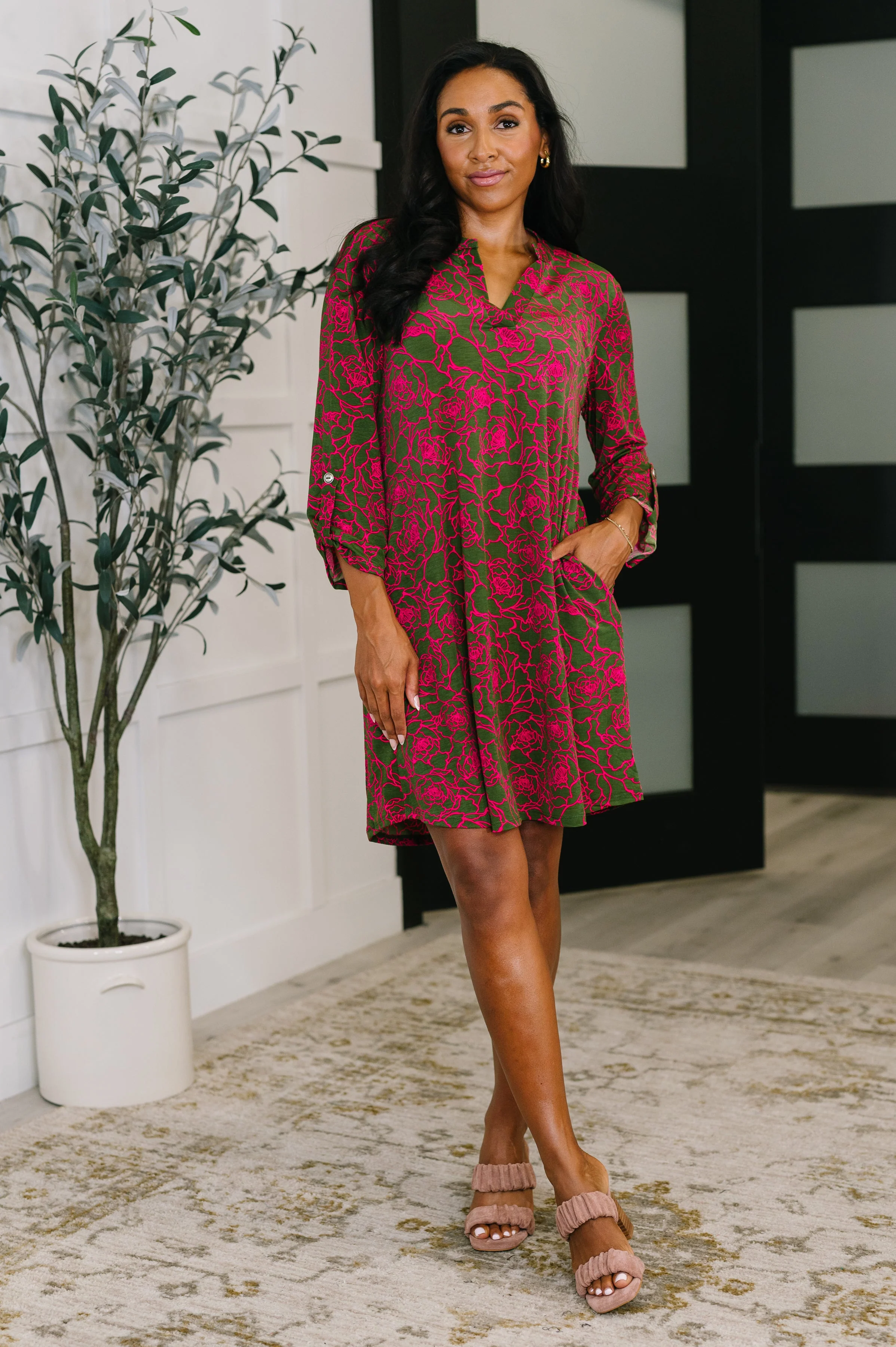 Lizzy Long Sleeve Dress in Pink and Olive Abstract Floral - Image 3