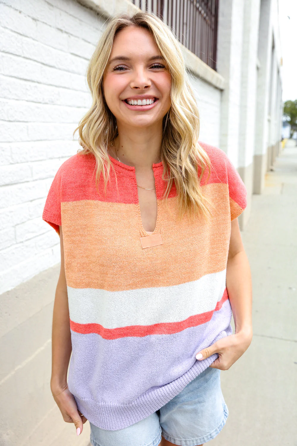 Lock Eyes Coral Notched Neck Drop Shoulder Sweater Top - Image 13
