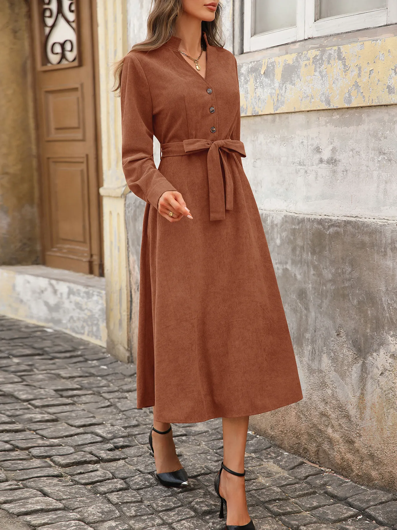 Long Sleeve Button Front Belted Midi Dress - Image 5