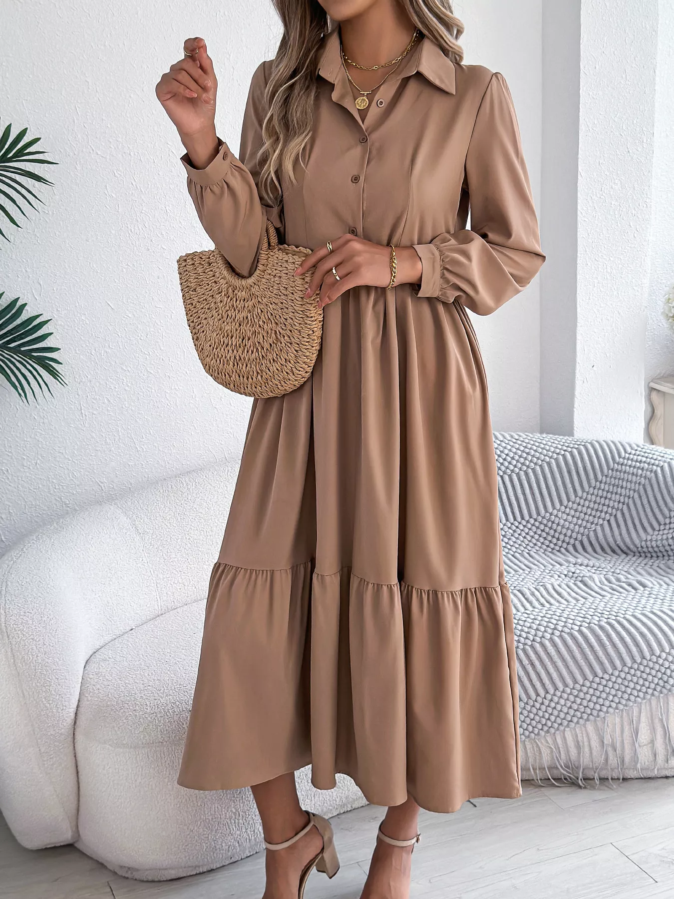 Long Sleeve Tiered Button Front Midi Dress - Image 23