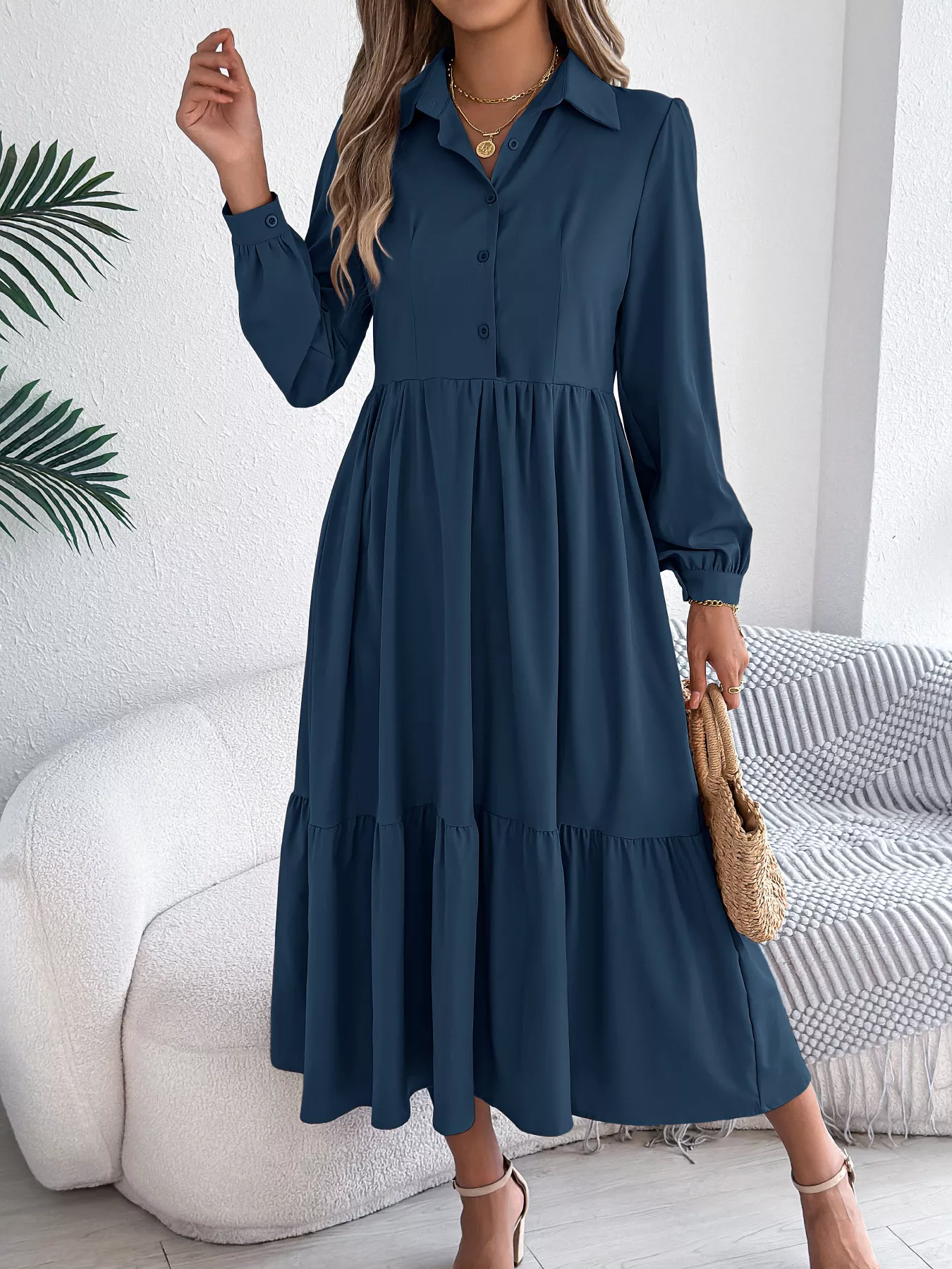 Long Sleeve Tiered Button Front Midi Dress - Image 5