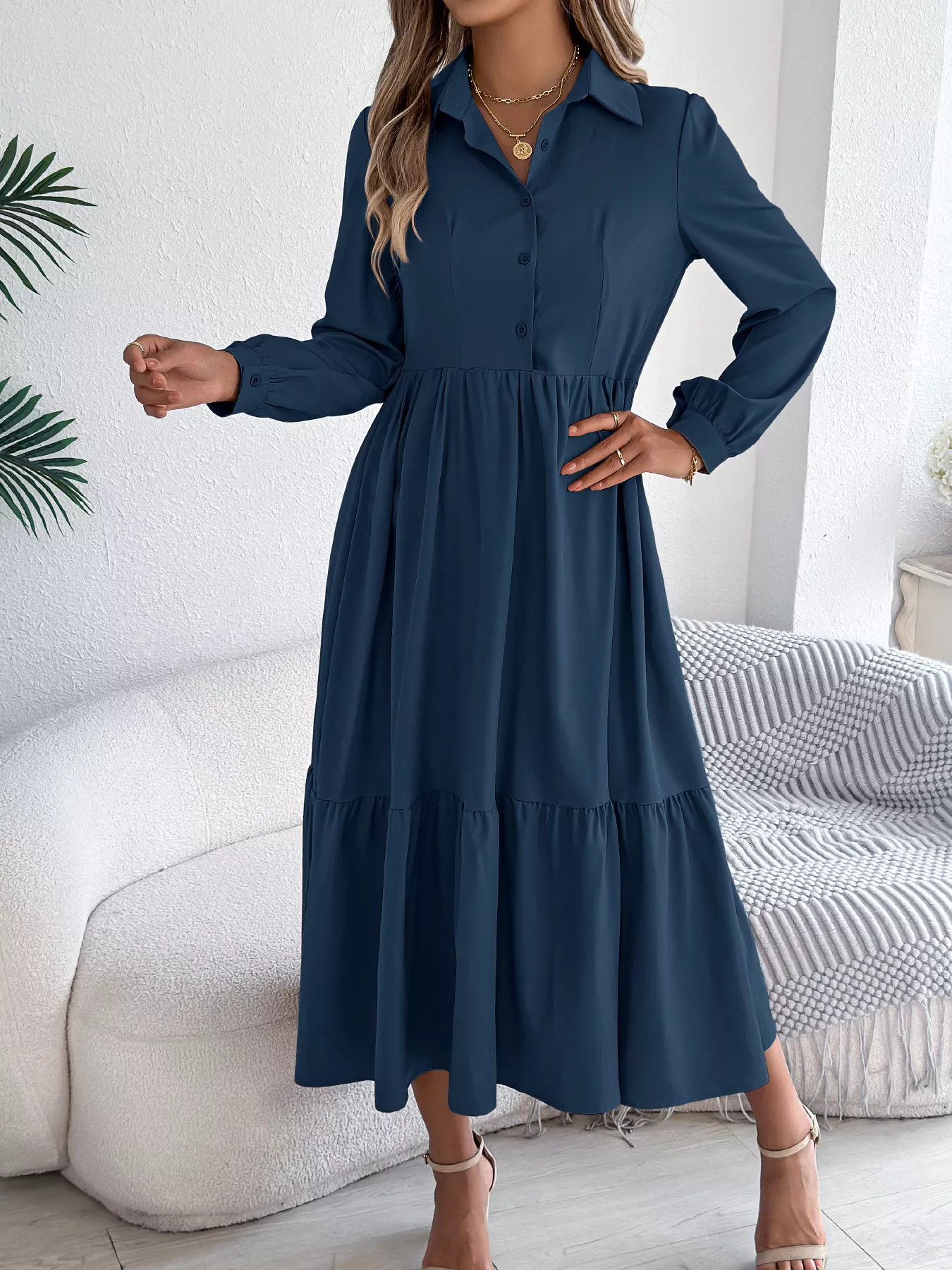 Long Sleeve Tiered Button Front Midi Dress - Image 7