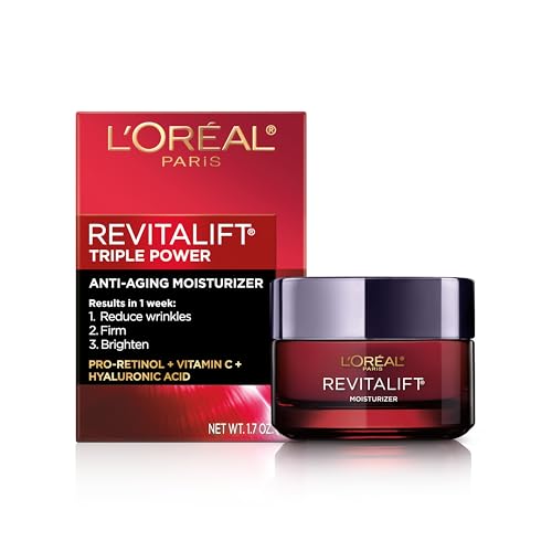 Loreal Paris revitaliftface creamfacereduce wrinkles, firm and brighten skincreambottlehyaluronic acid and vitamin cfragrance free