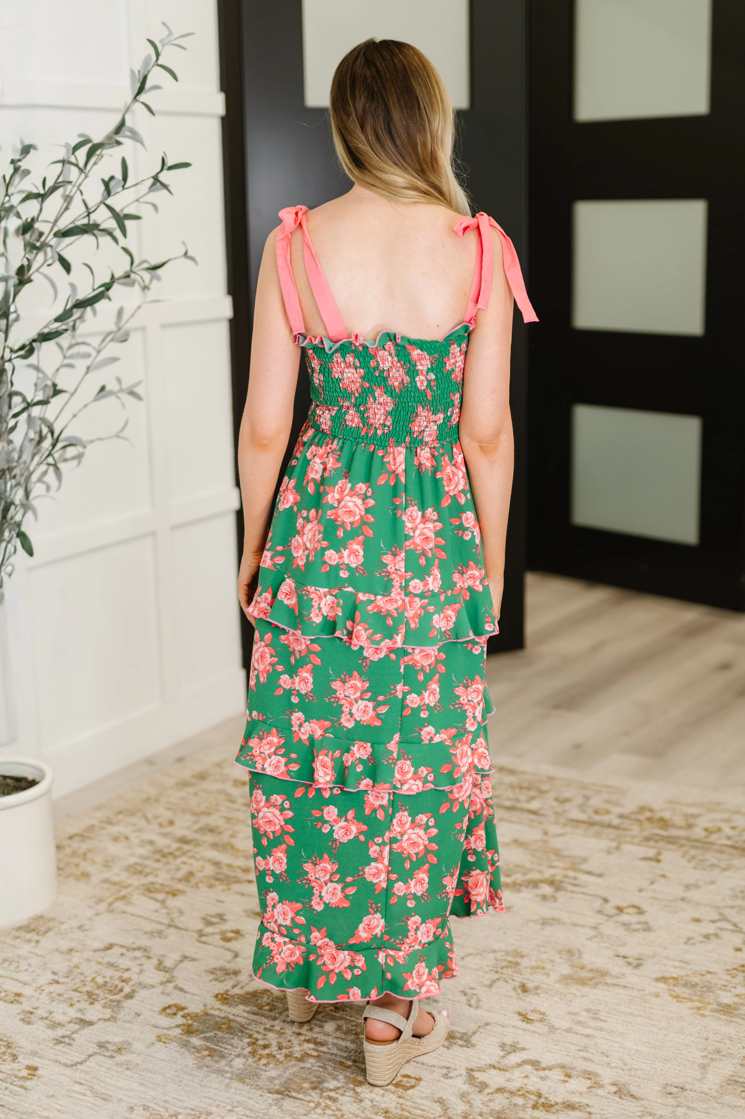 Low Effort, High Impact Tiered Dress in Green/Coral - Image 5