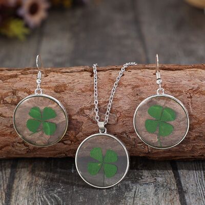 Lucky Clover Alloy Acrylic Earrings and Necklace Jewelry Set - Image 2